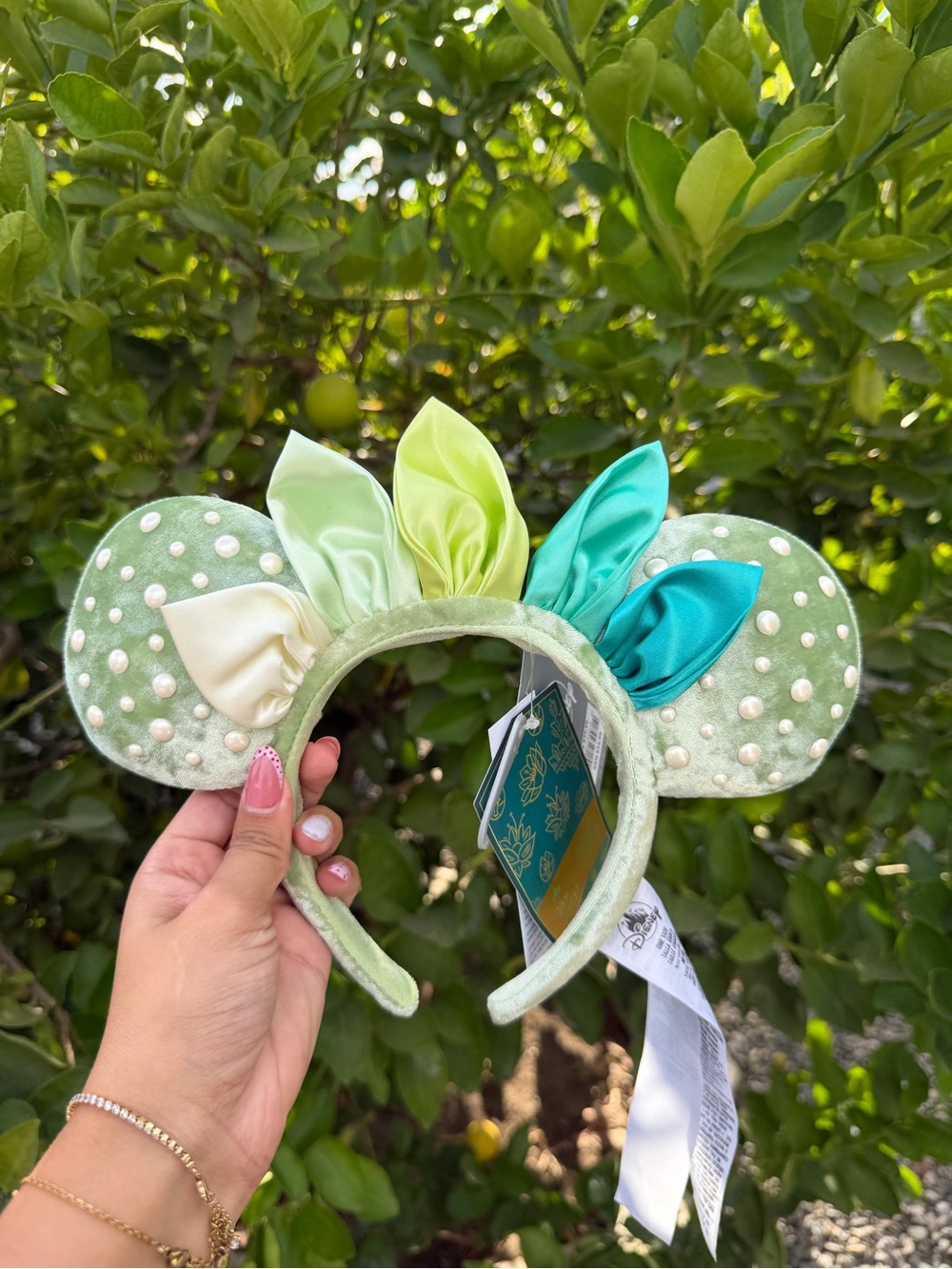 Green Pearl Studded Mouse Ear Headband with Satin Petals
